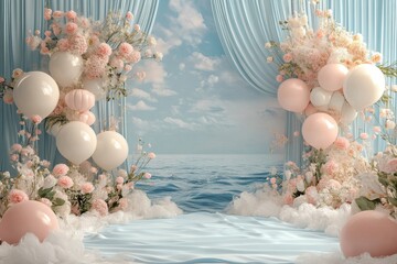 Wall Mural - A blue and white room with a blue curtain and a pink