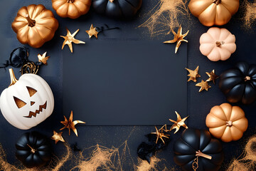 Canvas Print - halloween party background with paper card and fashion black and gold pumpkins with holiday decorati