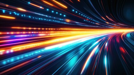 Poster - Abstract futuristic tech illustration shows fast glowing lines of vibrant colours in motion blur effect. Abstract speed lines create dynamic energy, rapid movement. Illustration glowing light tunnel