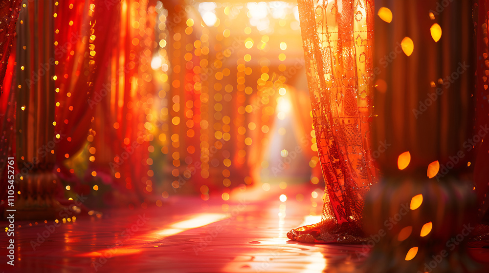 Bright red festive wedding decor with golden curtains and bokeh lights ...
