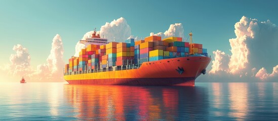 Vibrant Cargo Ship Sailing at Sunset with Colorful Containers Reflecting on Calm Ocean Waters Under a Dramatic Cloudy Sky