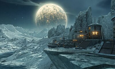 Wall Mural - A serene winter landscape with a large moon and distant structures.