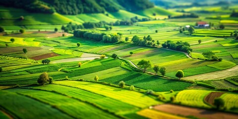 Wall Mural - Aerial Tilt-Shift View of Lush Green Fields with Vibrant Patterns and Textures Captured from Above, Showcasing the Beauty of Agricultural Landscapes