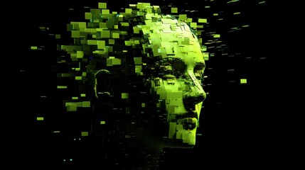 Poster - Glitchy pixelated neon green robot head digital art futuristic environment abstract viewpoint