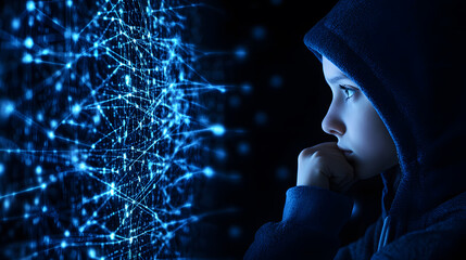 Aufkleber - A contemplative young person in a hoodie gazes at a digital network, symbolizing technology and innovation in a dark, blue-themed environment