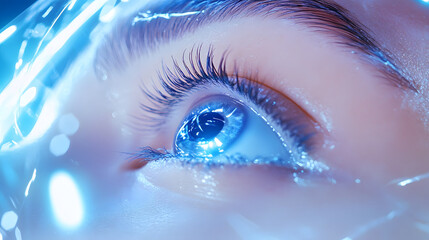 Poster - A close-up of a captivating blue eye, surrounded by a shimmering, futuristic glow, evoking themes of technology and vision