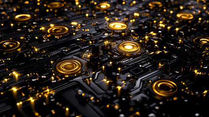 Aufkleber - A close-up view of a dark, intricately designed circuit board featuring glowing gold accents, conveying a high-tech and futuristic aesthetic