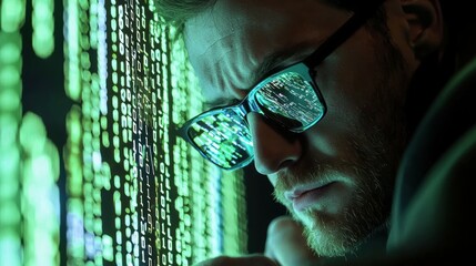 Poster - Cybersecurity expert analyzing encrypted data in a high-tech environment close-up perspective
