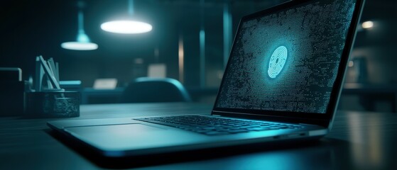 Poster - Fingerprint authentication technology showcased on laptop screen in modern workspace environment