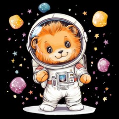 cute cartoon lion astronaut exploring outer space with colorful stars