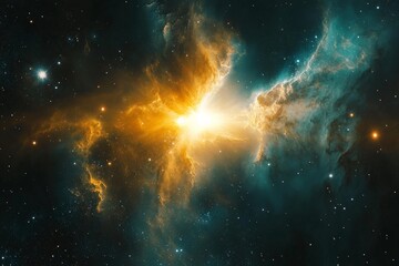Poster - A vibrant cosmic nebula with fiery orange and yellow hues, centered around a bright starburst, set against a backdrop of deep space with scattered stars.