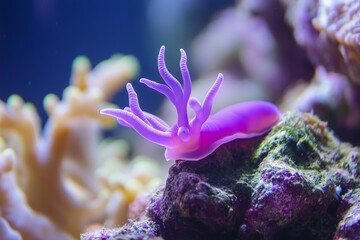 Poster - A close-up view of a striking purple nudibranch casually resting on a vibrant reef, with its outstretched tentacles creating a unique underwater presence.
