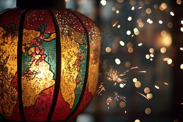 Aufkleber - Decorative lanterns cast a warm glow and are detailed with colorful patterns, set against a background of playful sparks creating a lively ambiance.