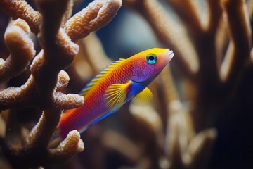 Aufkleber - A vibrant tropical fish swims gracefully through a coral reef, showcasing an array of colors and textures typical of underwater marine life habitats.