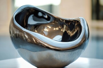 Aufkleber - A contemporary metallic sculpture sits with smooth curves and reflective surfaces, capturing abstract designs and reflections from its surroundings.