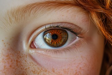 Poster - A detailed close-up photograph of a human eye with a striking hazel color and visible reflection, showcasing the beauty and complexity of the human iris.