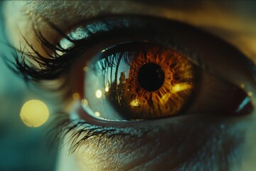 Poster - A close-up of an eye with vibrant and glowing colors under dramatic lighting, emphasizing the intricate patterns and captivating intensity of the eye's iris.