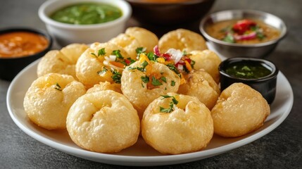 Wall Mural - Plate of fried dough balls with a variety of sauces and dips. The plate is set on a table with a bowl of green sauce, a bowl of red sauce, and a bowl of black sauce