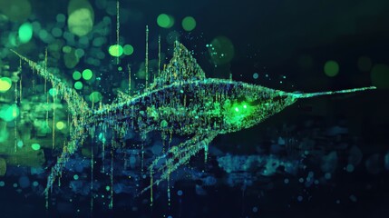 Poster - Glowing neon green swordfish matrix code formation digital art abstract background technology vibe