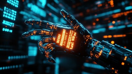 Poster - futuristic robotic arm displaying pixelated neon code in a sci-fi environment