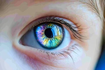 Poster - A captivating close-up of a human eye featuring an intricate, vibrant multicolored iris, emphasizing individuality and identity through striking detail and reflection.
