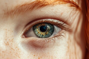 Poster - A photogenic close-up of a blue-green eye accentuated by natural, subtle freckles and delicate lashes, conveying serenity and openness in a soft, natural light setting.
