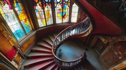 Poster - Spiral staircase leading up to stained glass window historic building architectural photography indoor aerial view artistic design