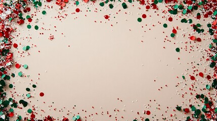 Wall Mural - Festive confetti in red, green, and gold forming a semicircle at the top of a soft cream background, leaving the lower section blank