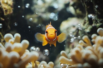 Poster - A clownfish swims amidst vibrant corals, bubbles, and marine life, capturing the essence of underwater serenity with its colorful presence and delicate habitat.