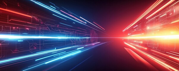 Aufkleber - Futuristic tech background with vibrant light effects. Cyberpunk style design. Abstract lines, glowing panels. Fast-paced movement. Possible applications include tech-focused design, science fiction,