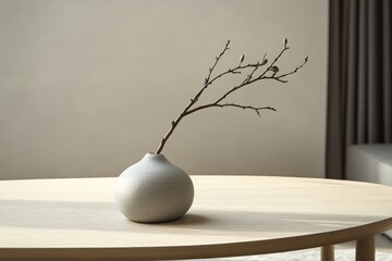 Aufkleber - A refined interior arrangement showcasing a minimalist round vase with delicate branches placed elegantly on a light wooden table, bathed in natural daylight.