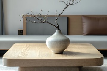 Poster - A harmonious modern interior setting featuring a simple vase with branches set on a stylish wooden table, with soft hues and natural light creating a tranquil atmosphere.