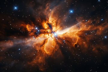 Poster - A stunning view of a fiery nebula captured in vivid detail with bright stars illuminating the scene, showcasing the dynamic energy and beauty of the cosmic world.