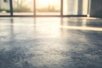 Aufkleber - A smooth concrete floor receives sunlight streaming through large windows, emphasizing its natural texture and warm tones in a peaceful indoor environment.
