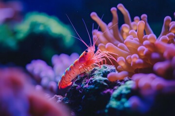 Poster - A vibrant shrimp is seen among lively corals in an illuminated aquarium setting, highlighting an impressive array of colors and the underwater ecosystem in detail.