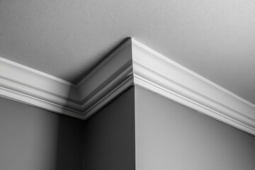 Poster - A minimalist interior corner features smooth, white crown molding, combining modern simplicity with elegant design elements that offer a touch of classic sophistication.