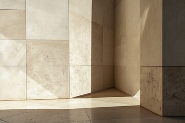 Aufkleber - The image captures sunlight casting crisp shadows across large stone tiles, emphasizing the texture and natural tone variation of the material in a serene setting.