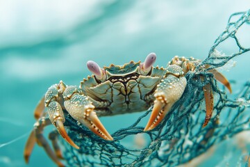 Poster - Close-up of a crab caught in a fishing net, swimming underwater with its distinctive claws visible, highlighting environmental concerns in marine ecosystems.