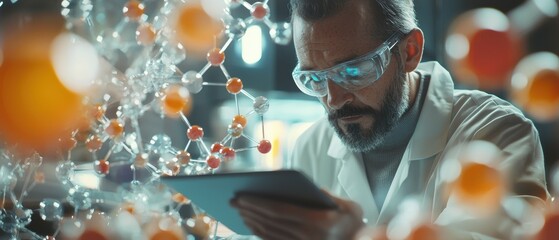 Poster - Scientist analyzing molecular models via digital tablet in lab for scientific discovery