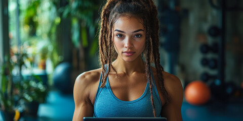 Poster - Person Using AI Fitness Coach App in Modern Home Gym with Natural Lighting