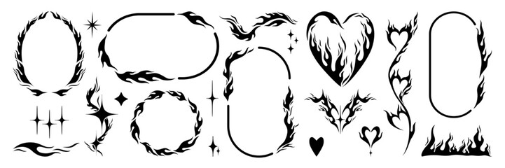 Set of y2k neo tribal frame elements, star, fire and heart shape. Tattoo art hand drawn stickers. Aesthetic of 90s, 2000s. Vector isolated illustration