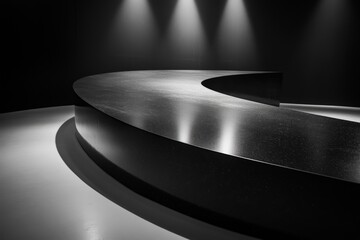 Poster - A smooth black curved installation is spotlighted, showcasing its glossy finish and contemporary design. It perfectly blends modern aesthetics with artistic expression.