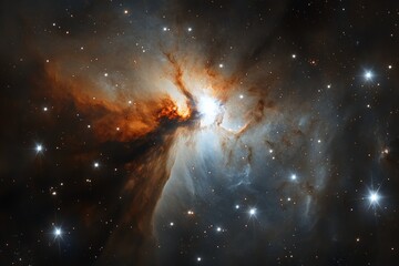 Poster - A celestial scene featuring a vibrant nebula with striking hues of orange and blue, surrounded by sparkling stars illuminating the cosmic expanse.