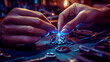 © HQAsset - Craftsman Carefully Assembles Intricate Jewel-Encrusted Ring with Precision Under Dramatic Lighting