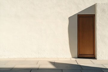 Aufkleber - A minimalist scene featuring a wooden door against a plain wall, with sharp shadows cast from sunlight, showcasing simplicity and architectural balance.