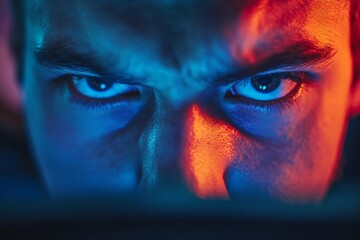 Aufkleber - Close-up of a person with a striking, colorful gaze under dynamic lighting effects, evoking intensity and curiosity, blending blue and orange hues.
