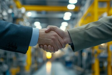 Fototapete - A close-up view of two people in business attire shaking hands in a large, brightly lit industrial setting, symbolizing partnership and collaboration.