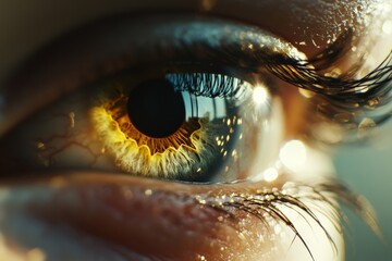 Poster - An extreme close-up captures the reflection of the surroundings in a person's eye, showing the light and shadow interplay, focusing on emotion and depth.