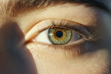 Poster - A mesmerizing close-up of an eye highlighted by golden sunlight, revealing intricate patterns in the iris and fine eyelashes, evoking warmth and introspection.