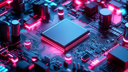 Poster - Modern microchip technology with vibrant neon lights in a circuit board layout